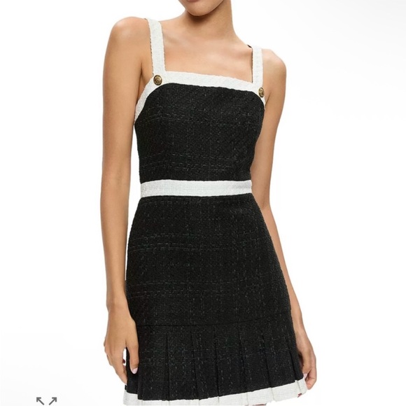 ALICE + OLIVIA Clarine Black White Trim Mini Square Neck Tweed Mini Dress Sz 10 - Picture 3 of 15
